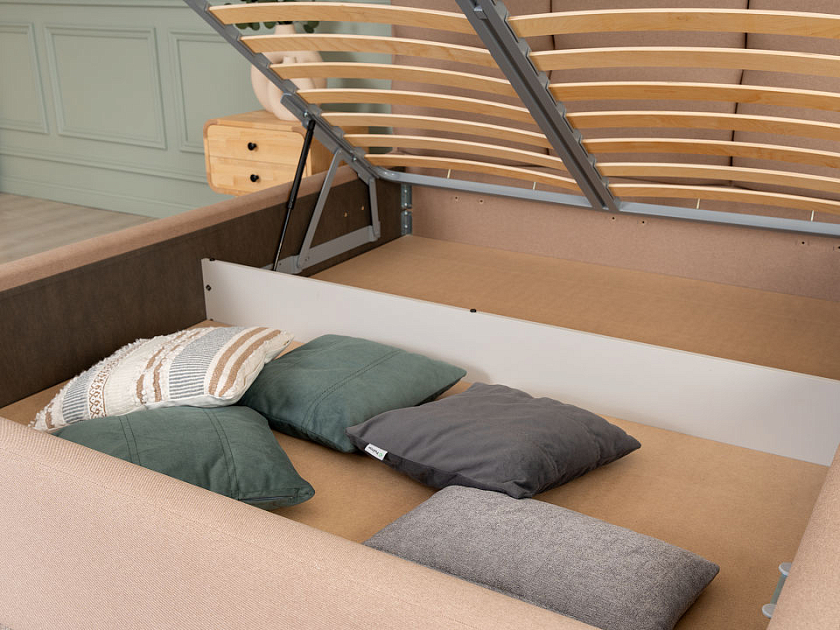 Кровать Malina 200x190 Ткань: Рогожка Тетра Бежевый - Изящная кровать без встроенного основания из массива сосны с мягкими элементами.