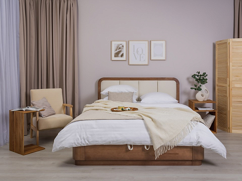Деревянная кровать Hemwood с подъемным механизмом - Кровать из натурального массива сосны с мягким изголовьем и бельевым ящиком